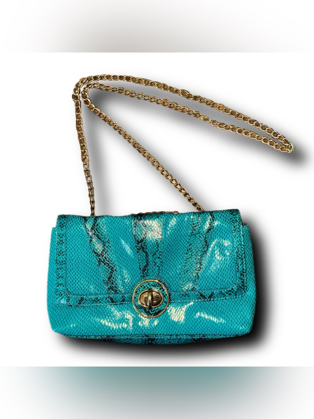 Turquoise Snake-Print Chain Shoulder Bag